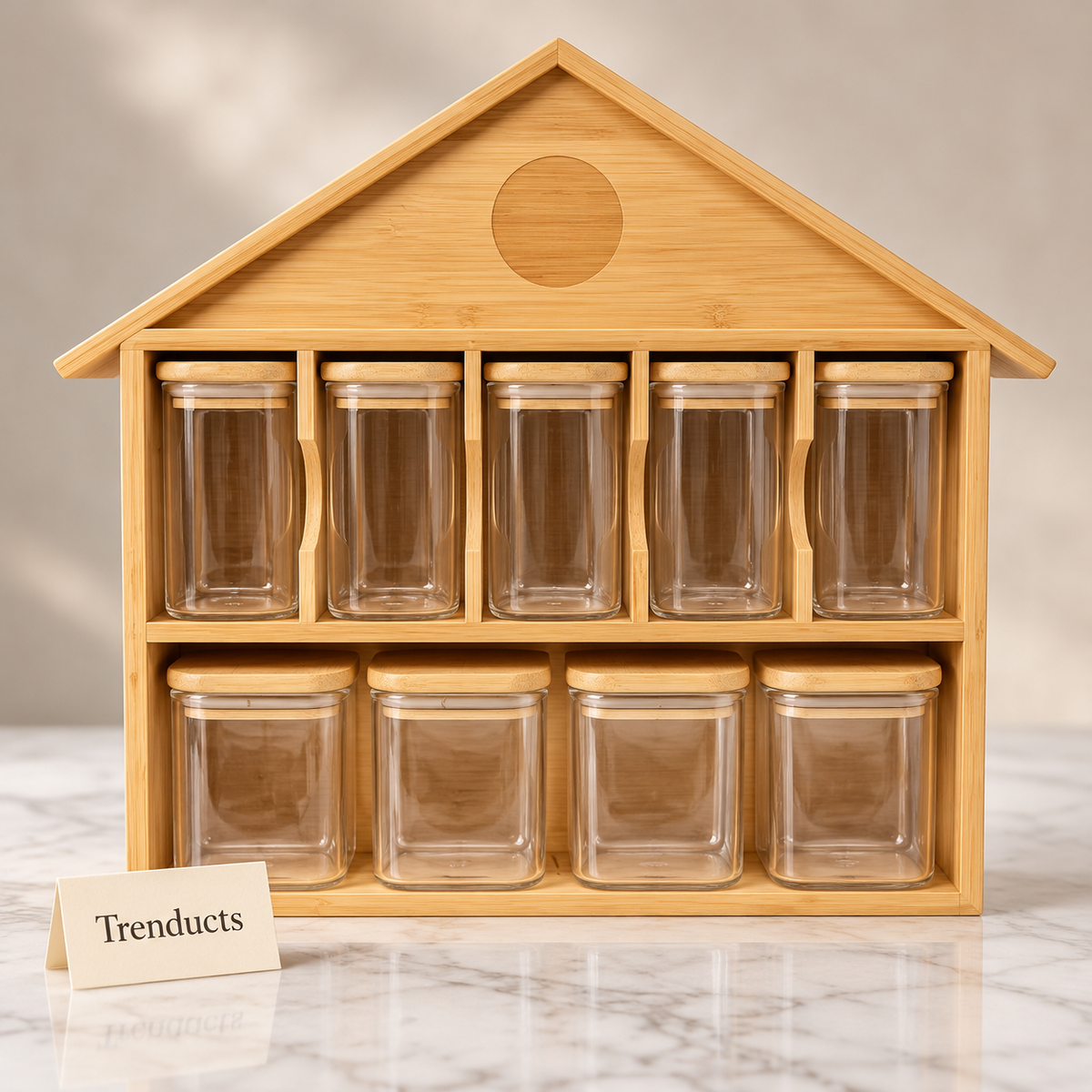 Bamboo Spice Rack with 9 Glass Jars - House with Roof Emblem