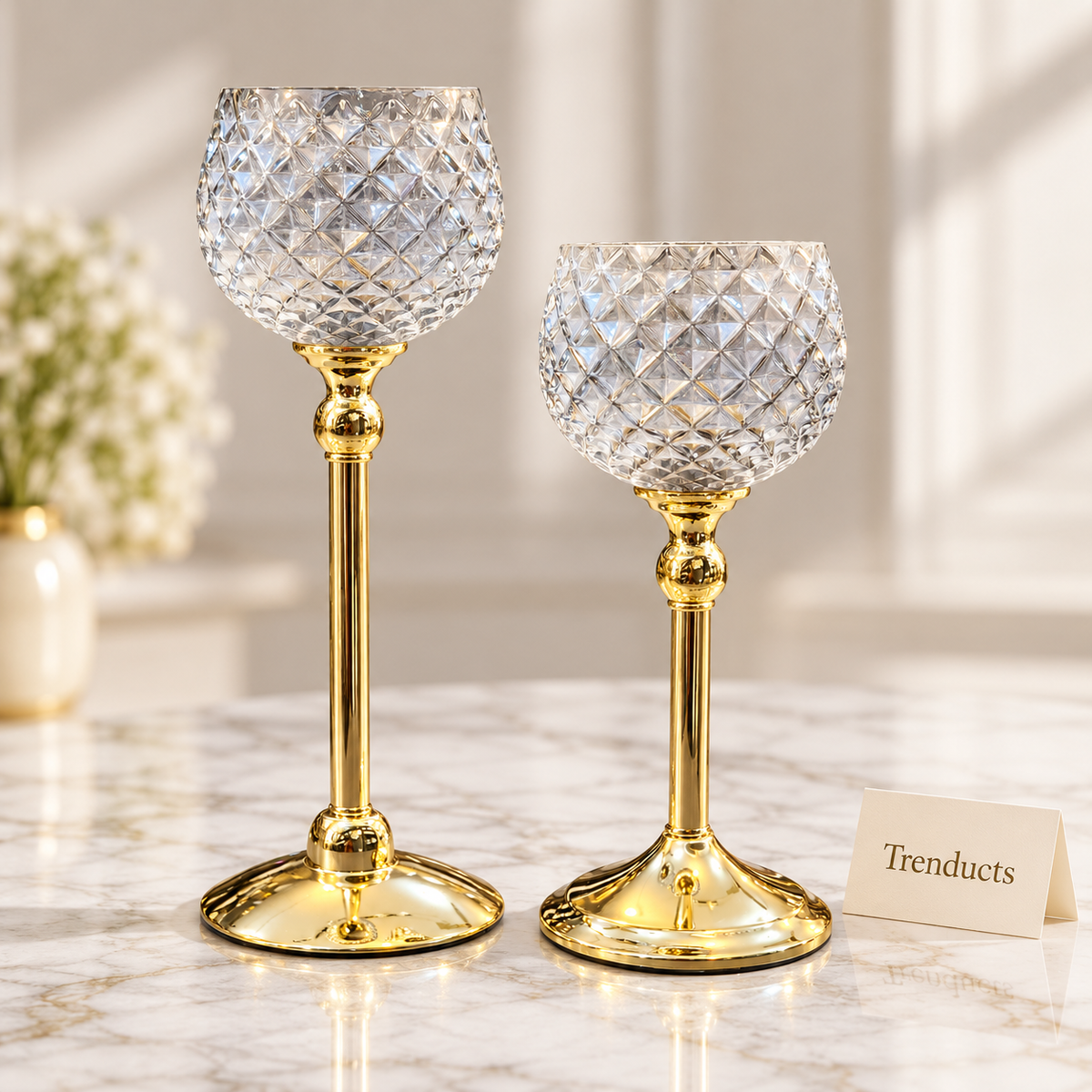 Pedestal Candle Holders - Gold Stem & Clear Faceted Cups