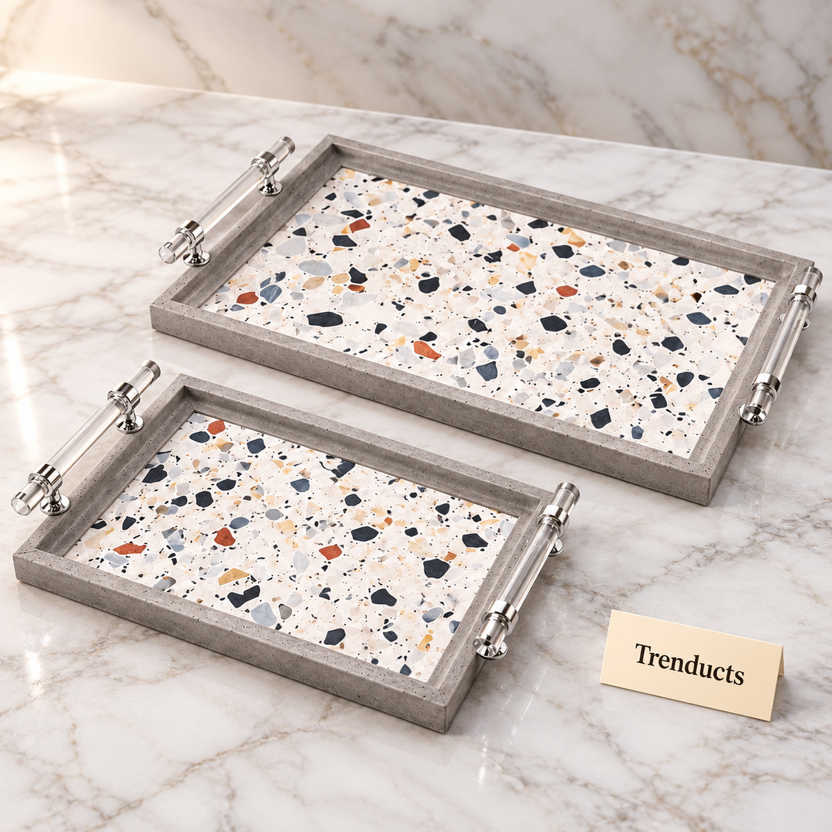 Elegant Serving Tray Set of 2 - Grey Terrazzo Marble