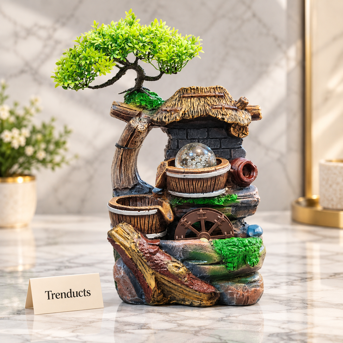 Tiered Stone Tabletop Fountain - Bonsai Tree & Hut Roof