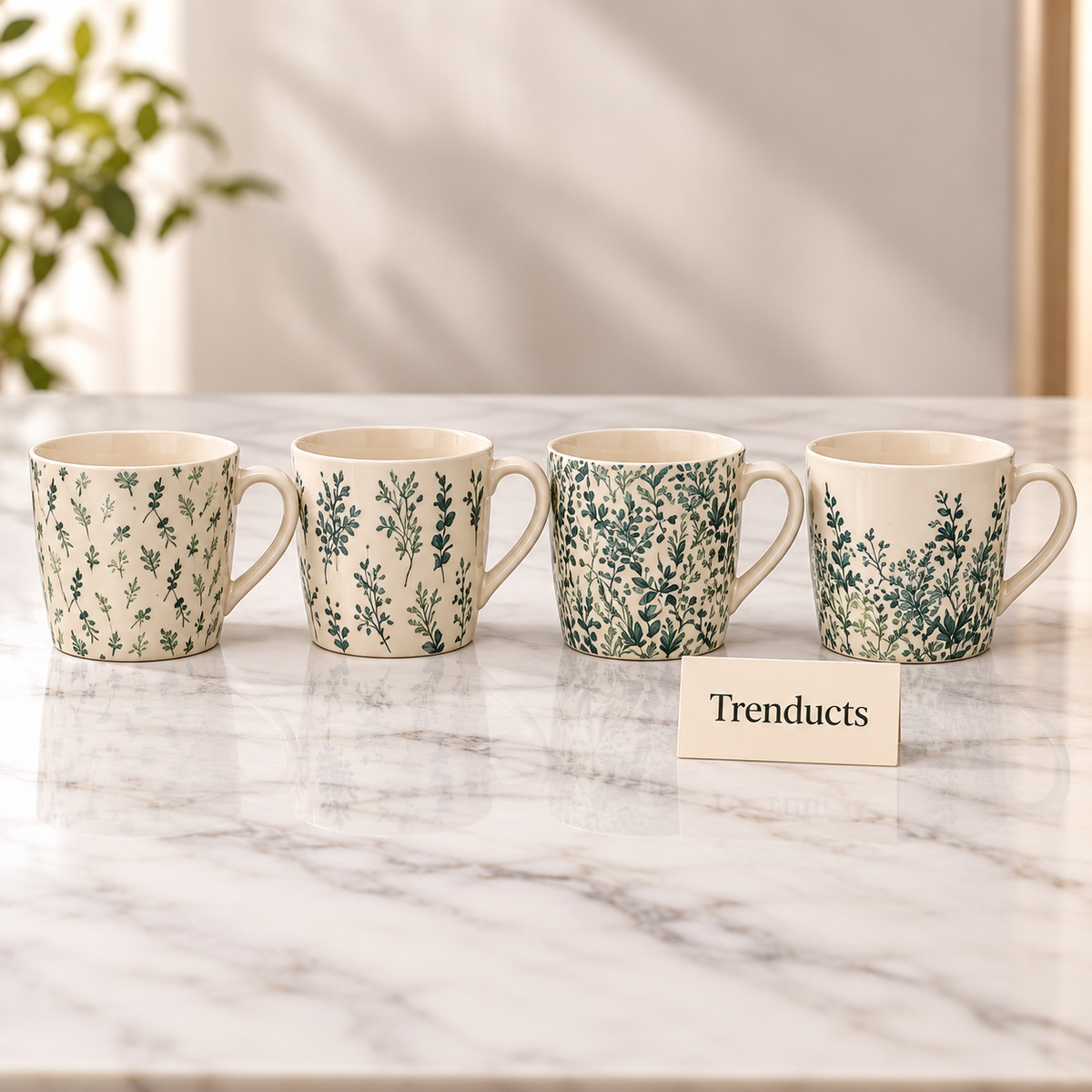 Green Herb Print Mug 420 ml - Wide Cream Mug (Random)