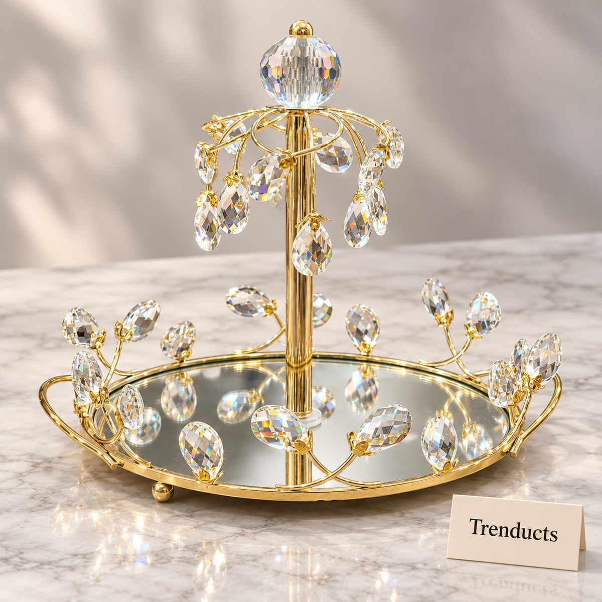 Gold Mirrored Display Tray - Crystal Drop Centre Stand