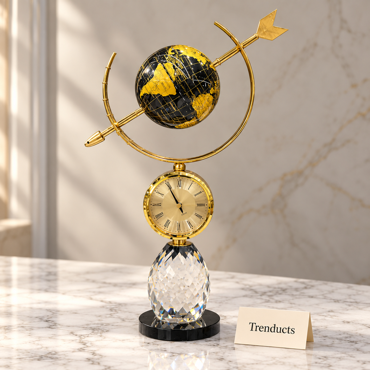 Metal Globe Clock - Black and Gold with Crystal Base