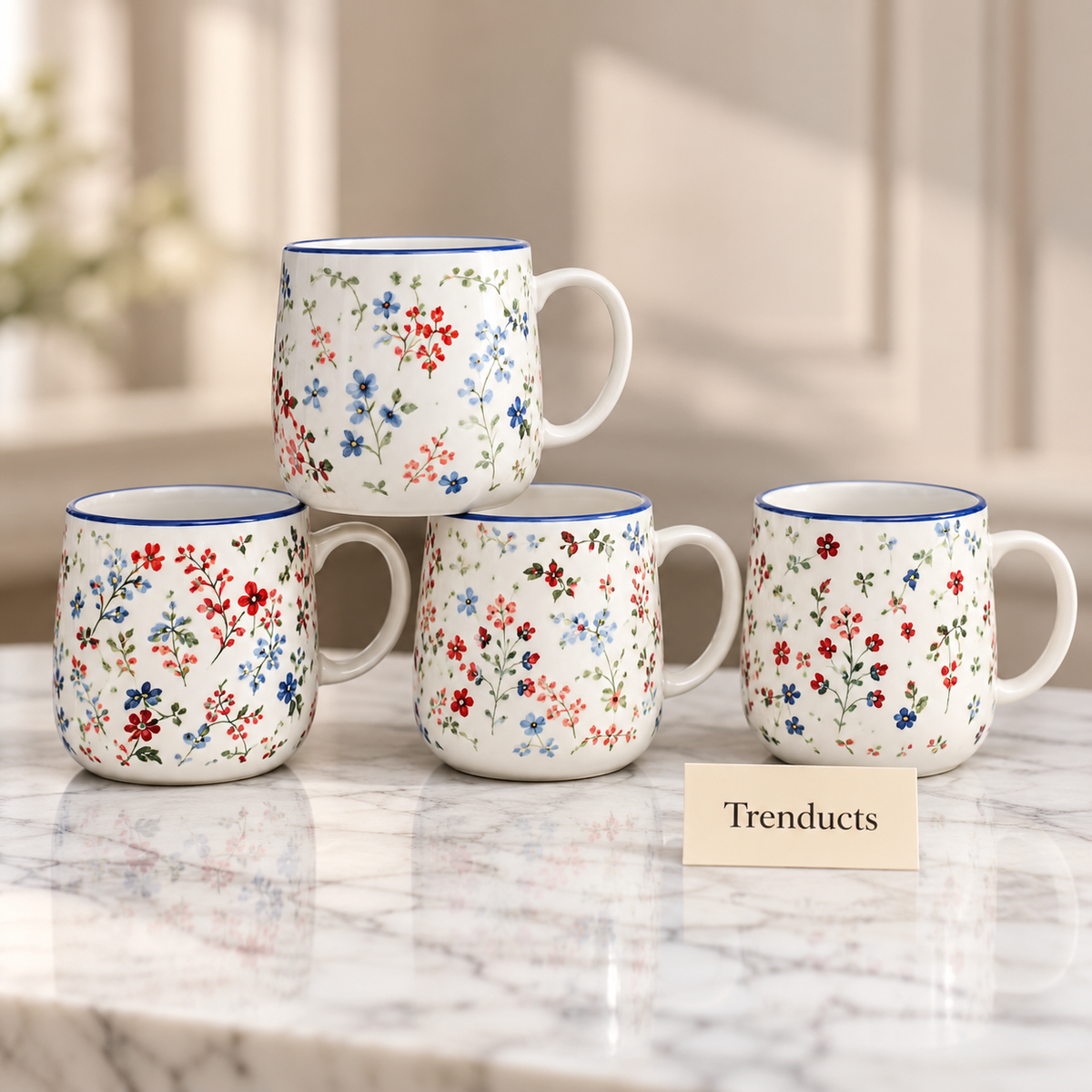 Ditsy Floral Mug 430 ml - Blue Rim (Random Design)