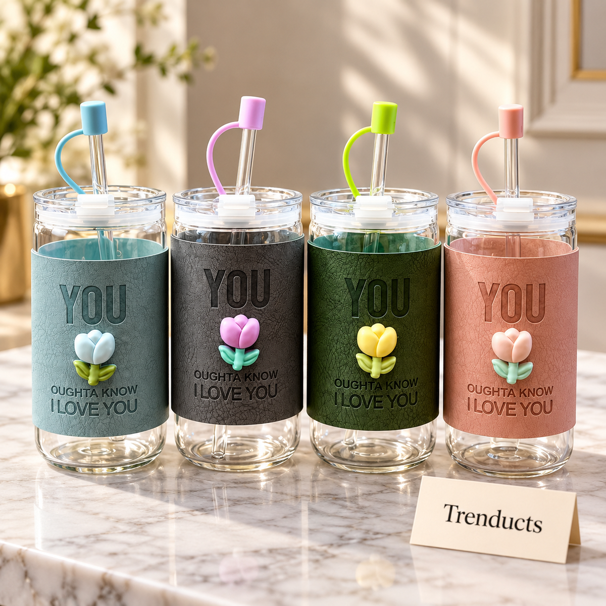 You Flower Glass Mug with Straw - Tulip Sleeve (Random)