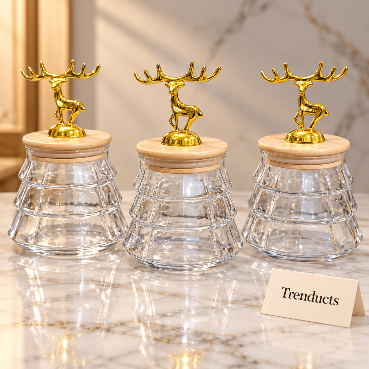 Deer Lid Glass Jar Set - 3 Pcs Storage Jars with Gold Deer Knob
