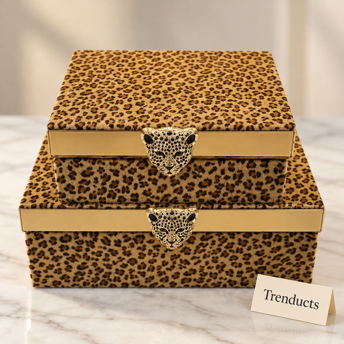 Premium 2 Piece Storage Box Set - Leopard Print with Gold Trim