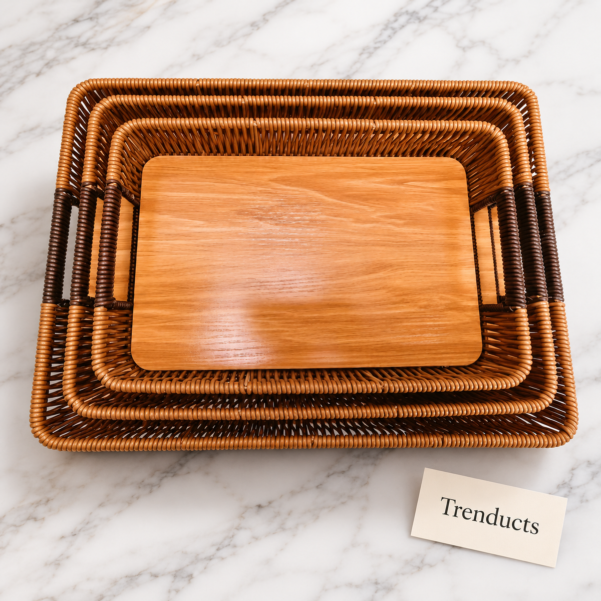 Rattan-Style Woven Serving Tray with Wood Grain Base and Handles