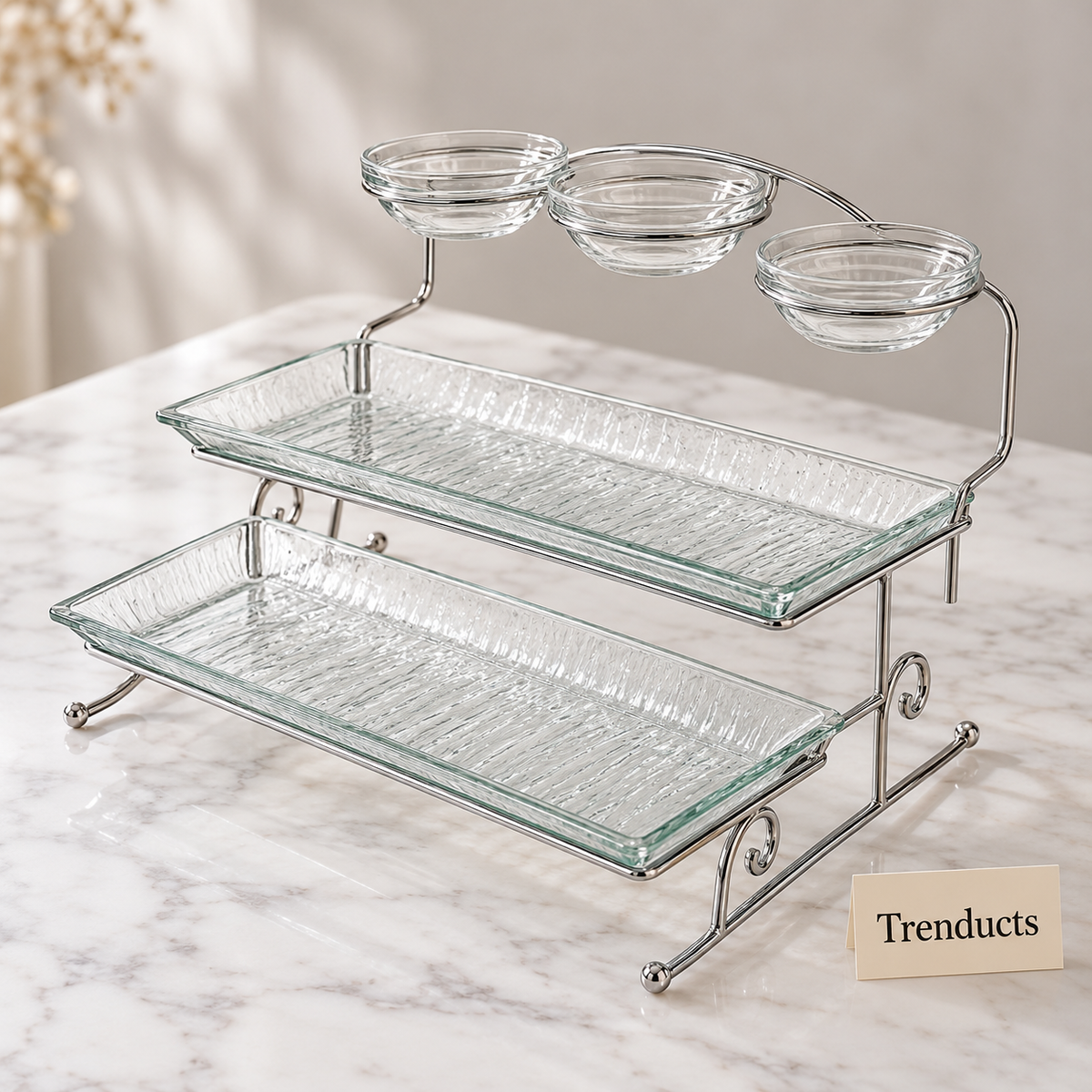 Danny Home 2 Tier Serving Tray - Glass with 3 Dip Bowls