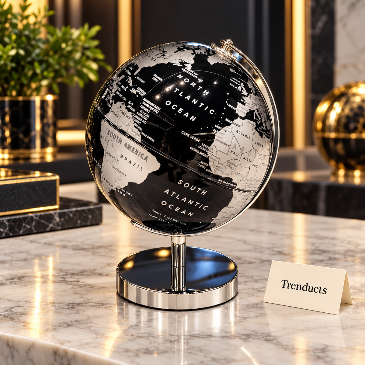 Luxury Desktop Globe - Black & Silver World Map, 14x16 cm