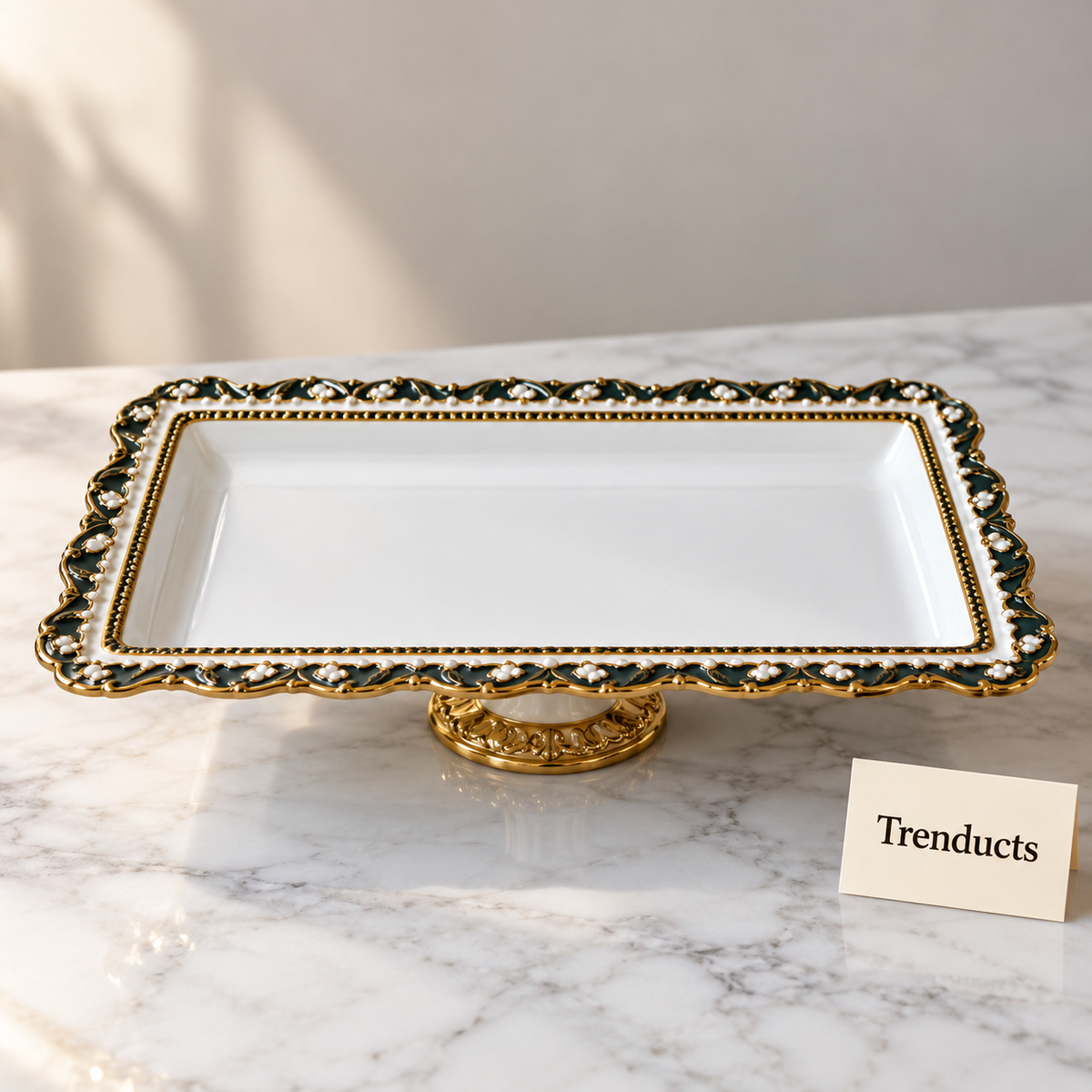 Danny Home Rectangular Stand Fruit Plate - White & Gold