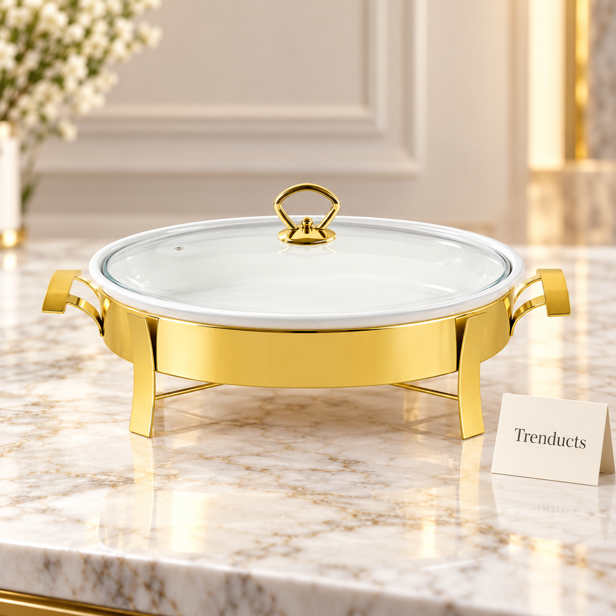 Brilliant Oval Serving Dish with Candle Warmer Stand - White & Gold