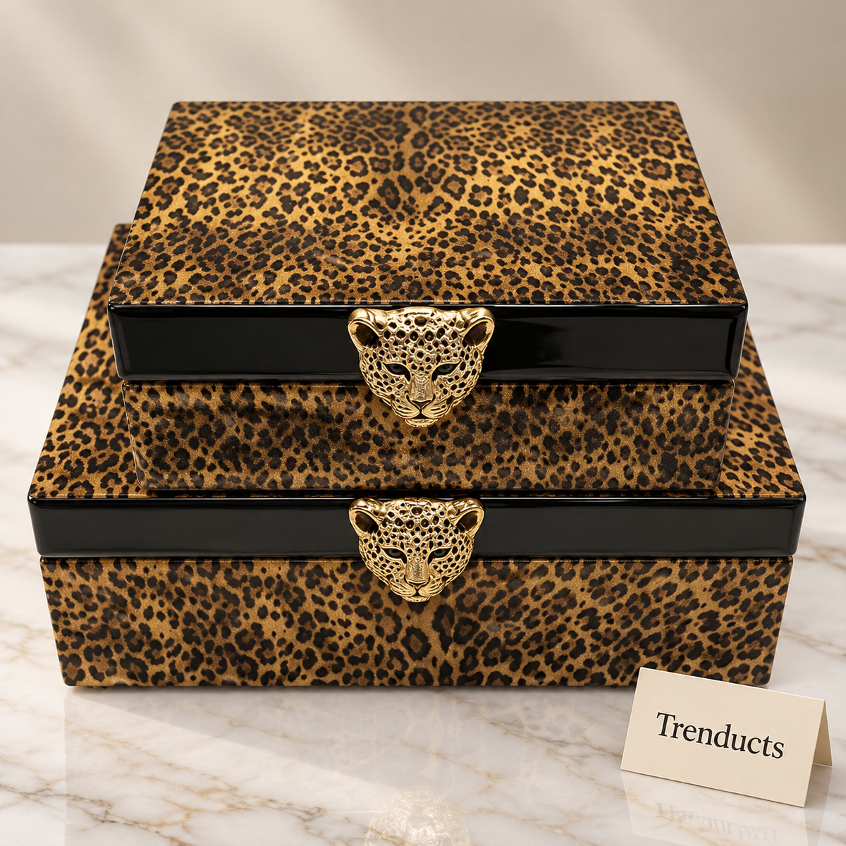 Premium 2 Piece Storage Box Set - Leopard Print with Black Trim