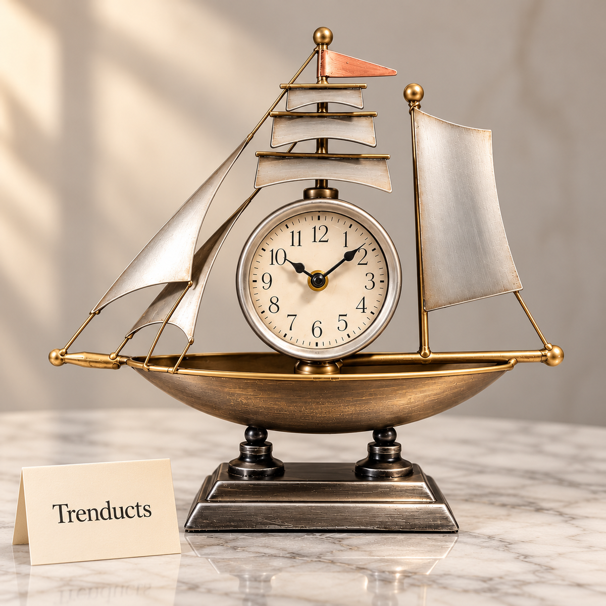 Sailing Ship Clock - Silver & Antique Brass Metal Decor