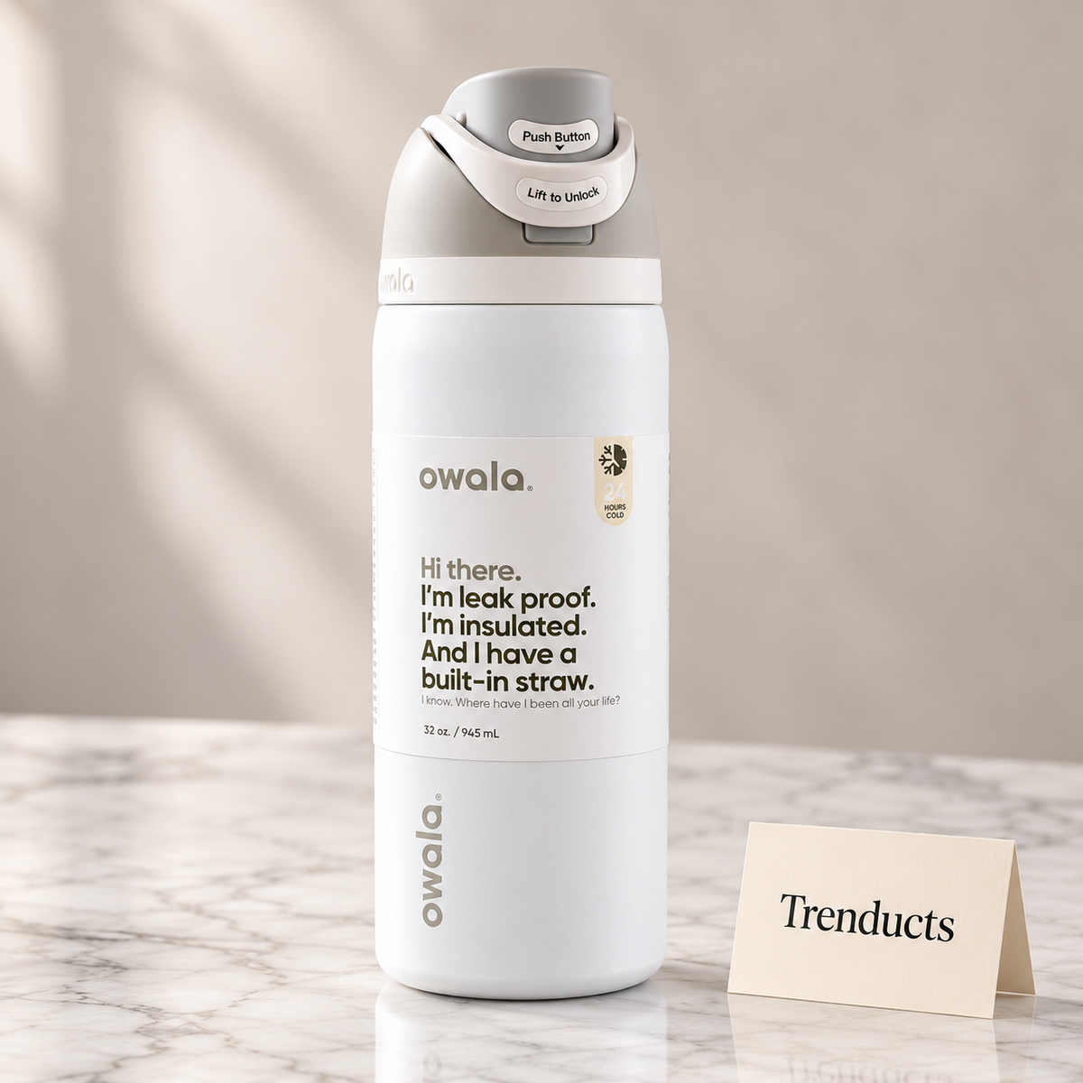 Owala Water Bottle 32 oz - All White with Grey Lid