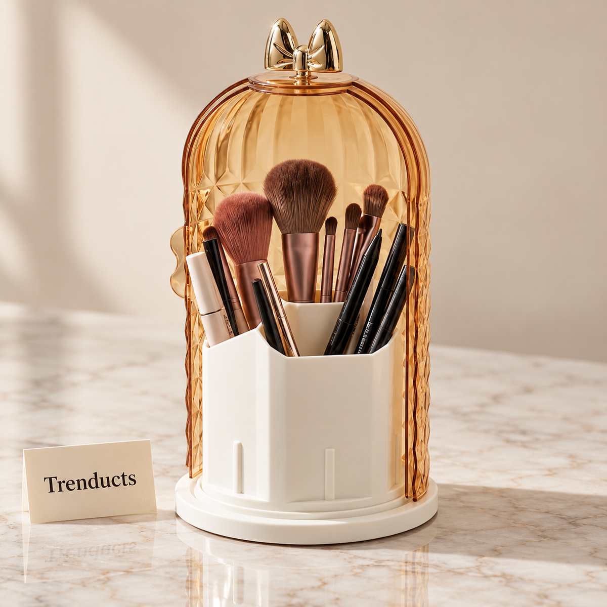 Acrylic Storage Box - Rotating Brush Holder with Gold Lid