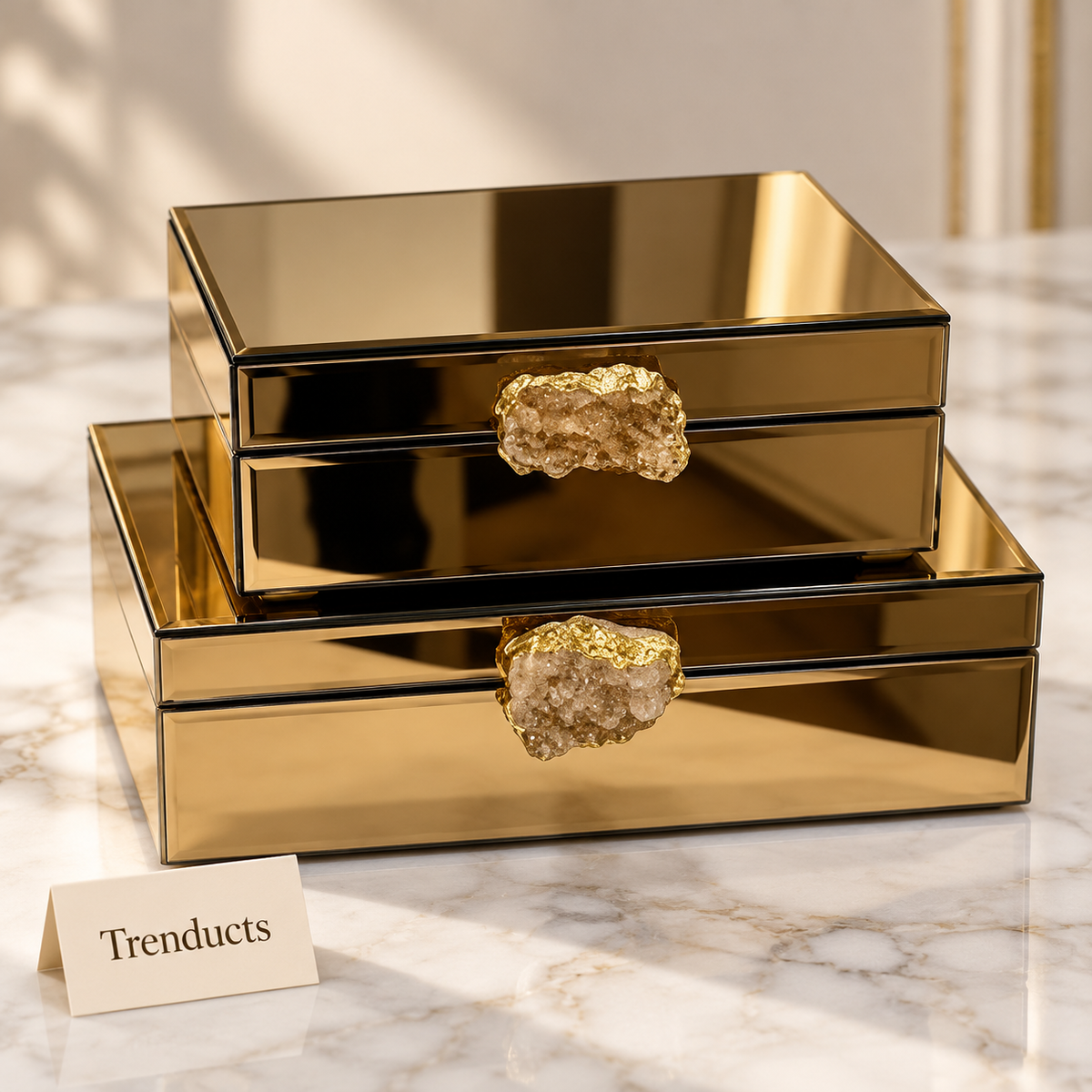 Premium 2 Piece Storage Box Set - Gold Mirror with Stone Knobs