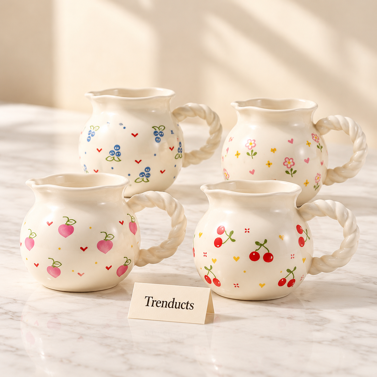 Ceramic Mug with Twisted Rope Handle - Fruit and Floral (each)