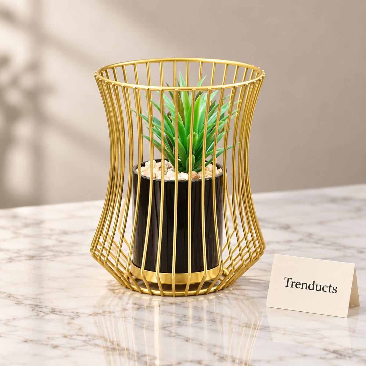 Gold Wire Planter - Cylindrical Cage with Black Pot