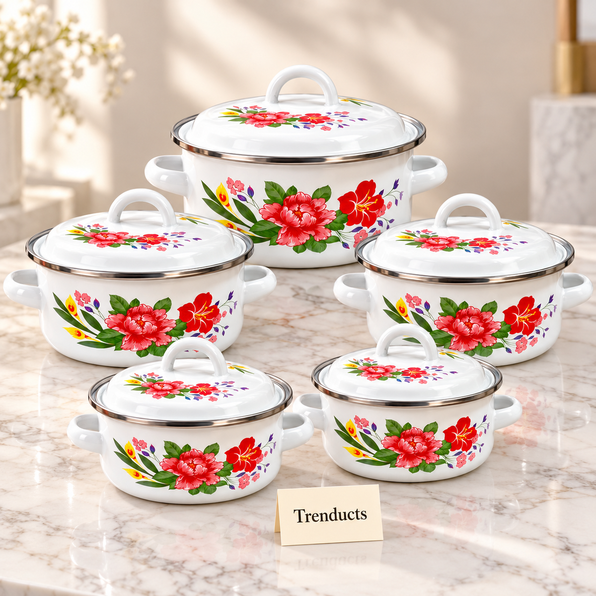 Enamel Casserole Set 5 Pcs - Red Flower Print