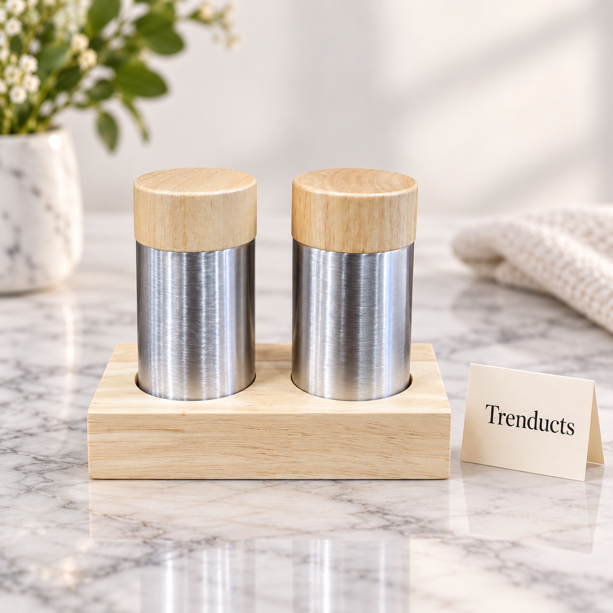 Salt and Pepper Shaker Set - Brushed Steel with Light Wood Tops and Base