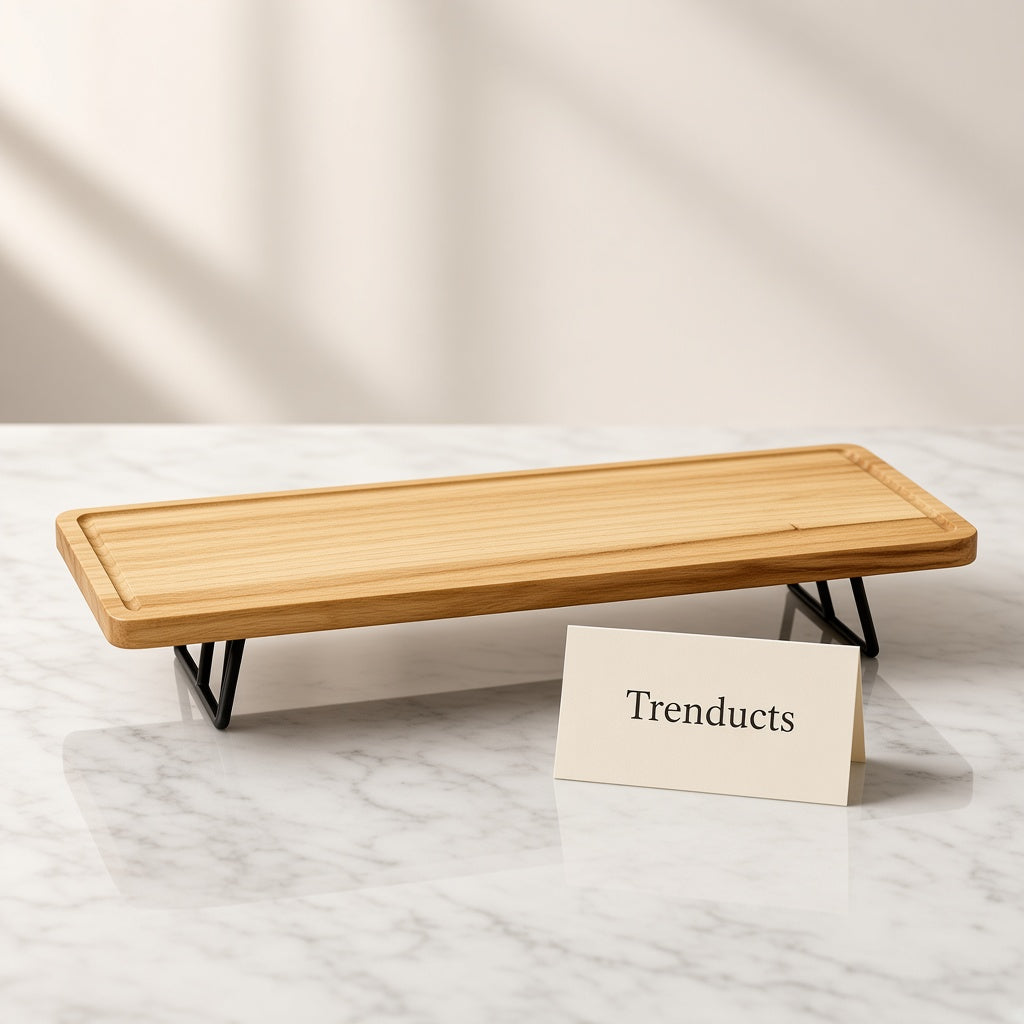 Wooden Serving Tray - Long Platter on Black Metal Stand