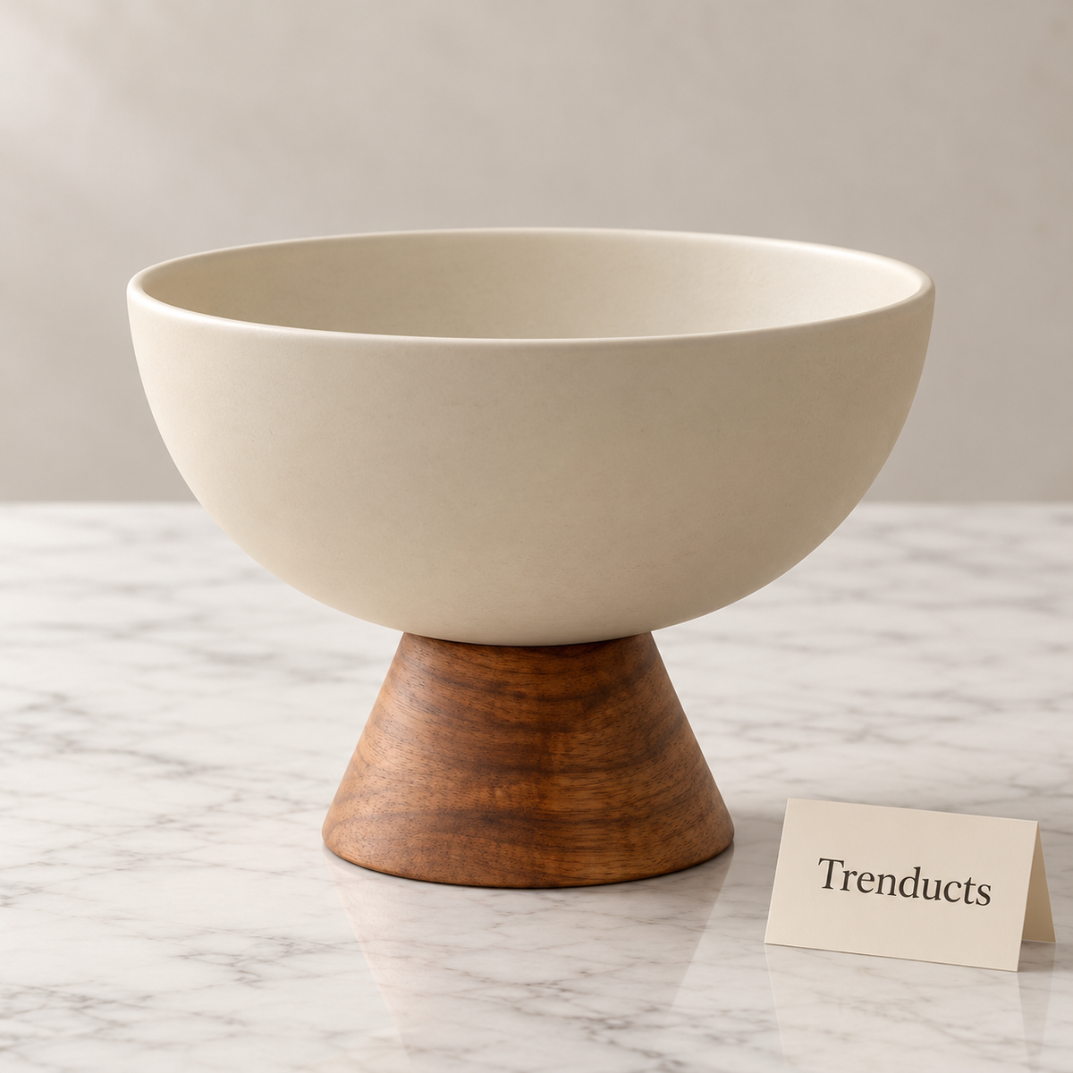 Luxury Cream Pedestal Fruit Bowl - Wooden Base Ceramic Bowl