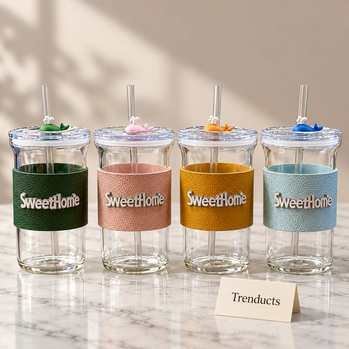 Sweet Home Glass Mug with Straw - Leather Sleeve (Random)