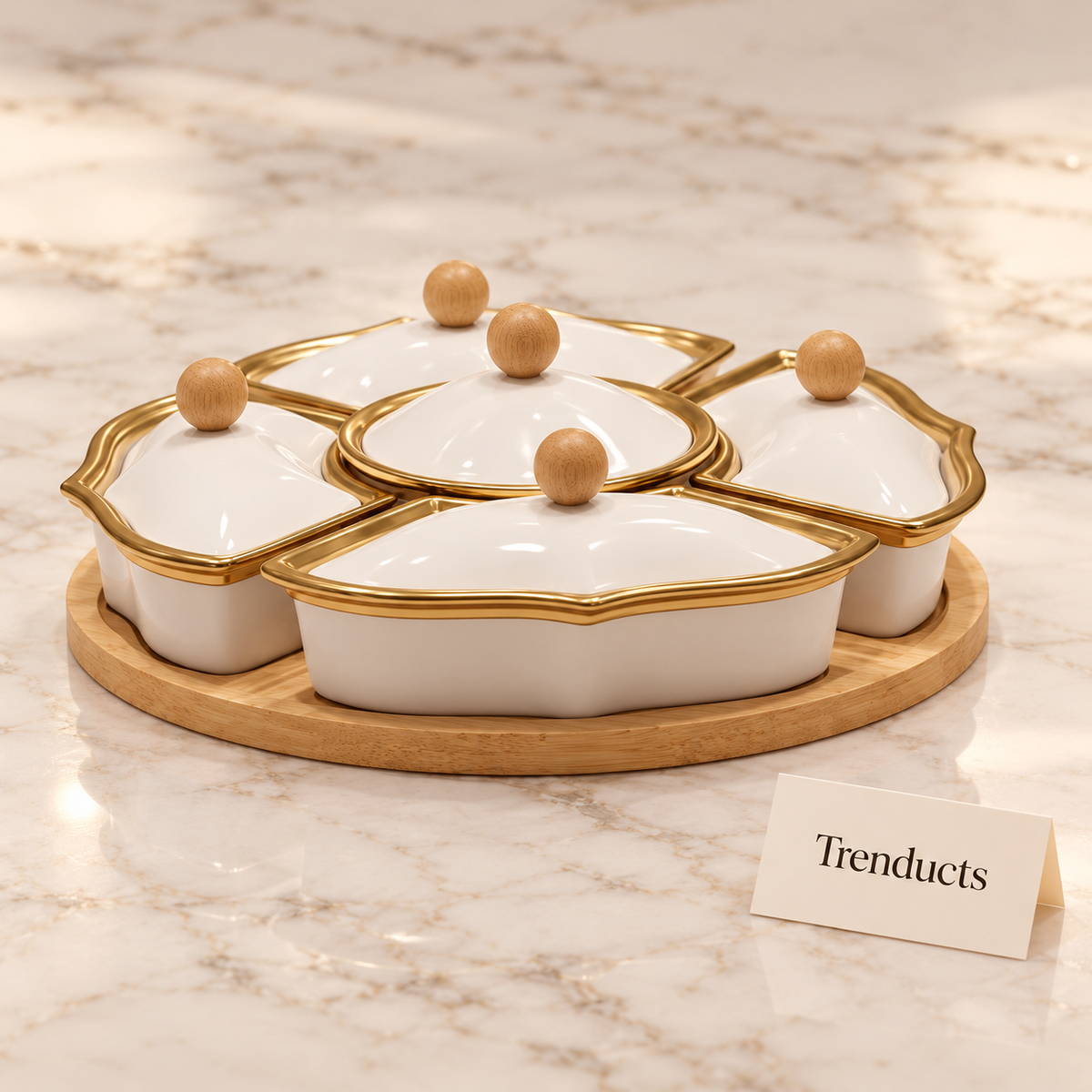 Ceramic Dry Fruit Platter with Lids and Round Bamboo Tray - Gold Rim