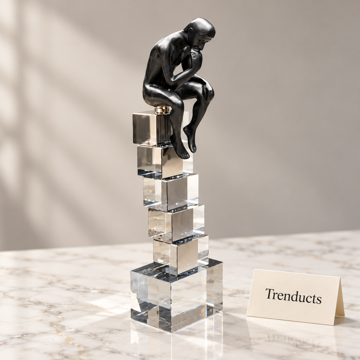 Crystal Thinking Man - Black Statue on Crystal Cubes
