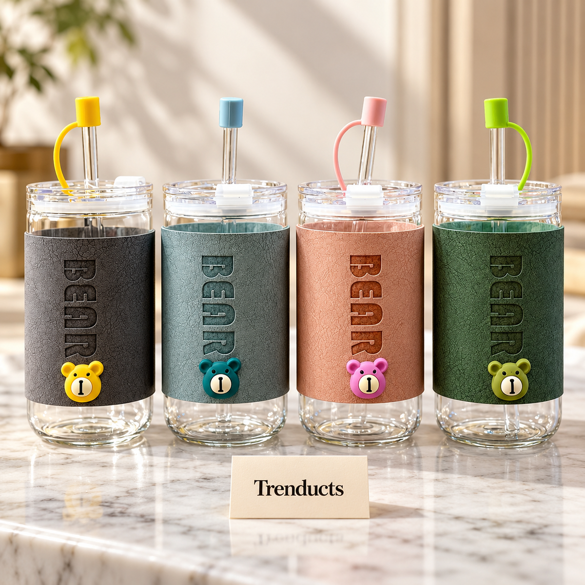 Bear Glass Mug with Straw - Leather Sleeve & Lid (Random)