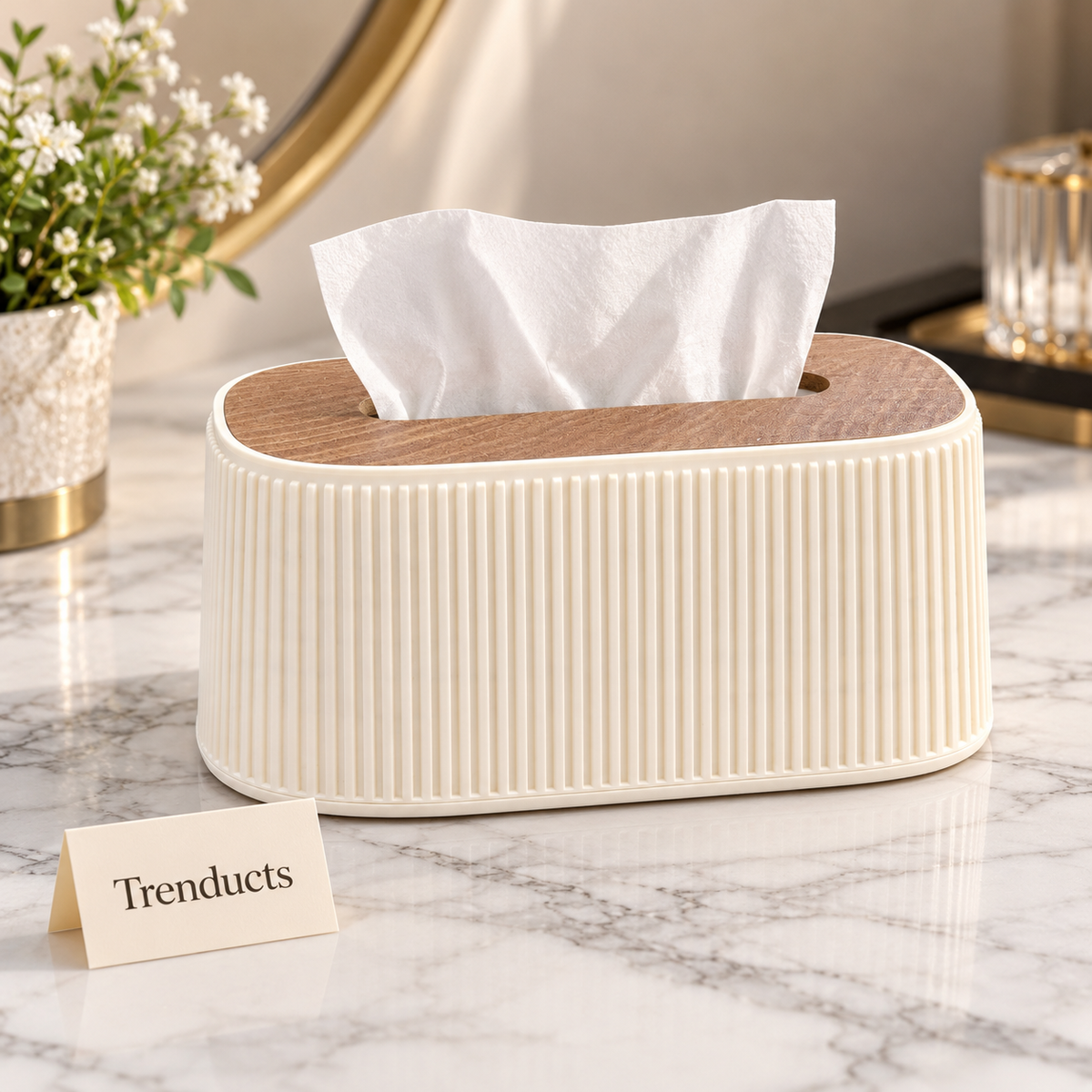 Ribbed Oval Tissue Box Cover - Wood-Look Top