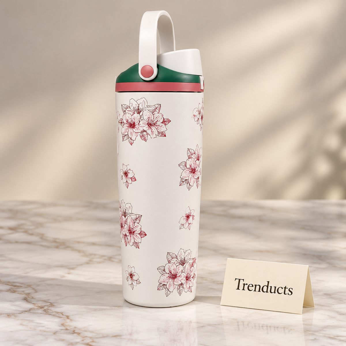 Premium Floral Water Bottle - White Cherry Blossom with Handle