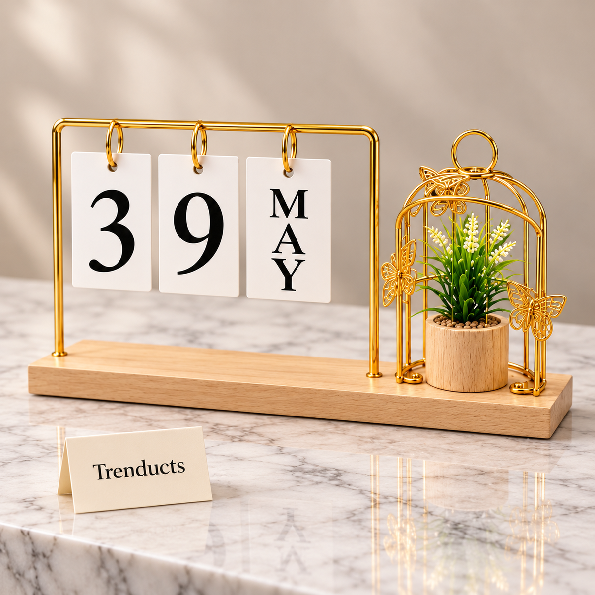 Birdcage Plant Calendar - Gold Frame & Wooden Base
