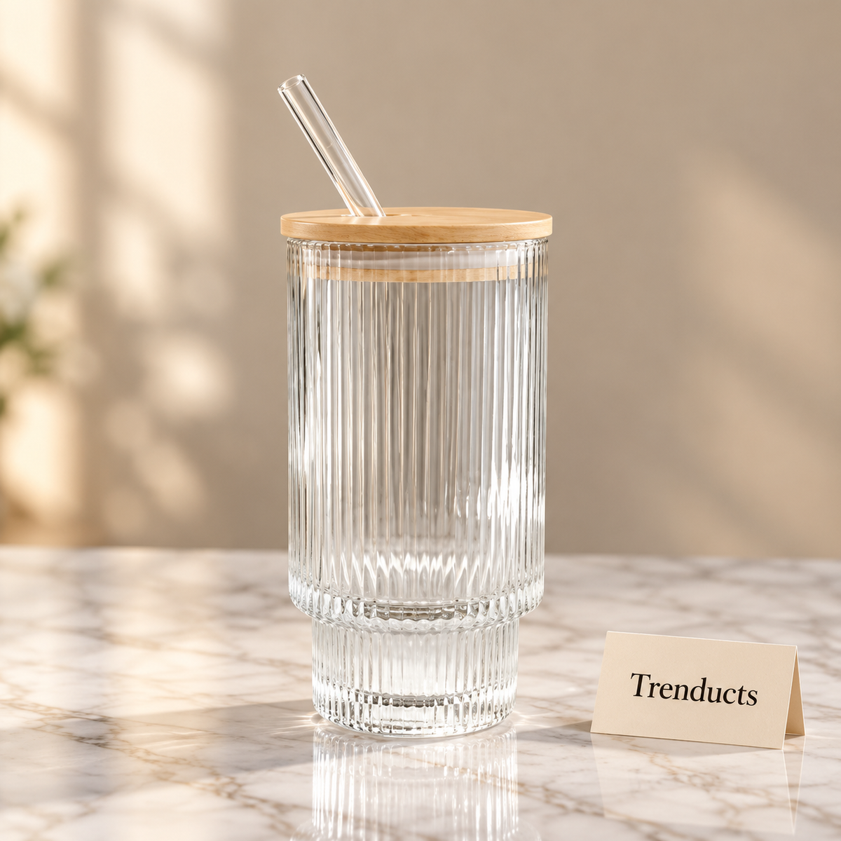 Glass Tumbler with Bamboo Lid and Straw - Ribbed Design