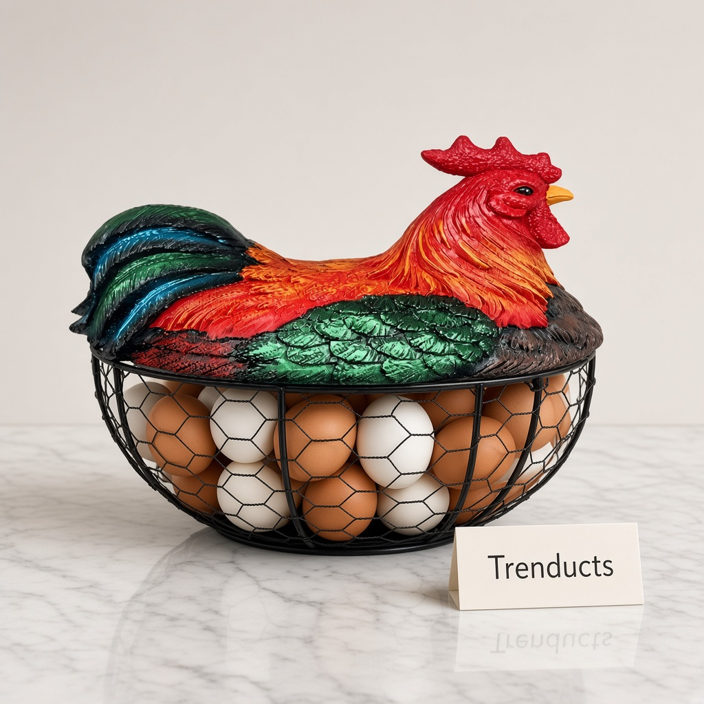 Metal Egg Basket with Fiber Rooster Lid - Red, Blue Tail