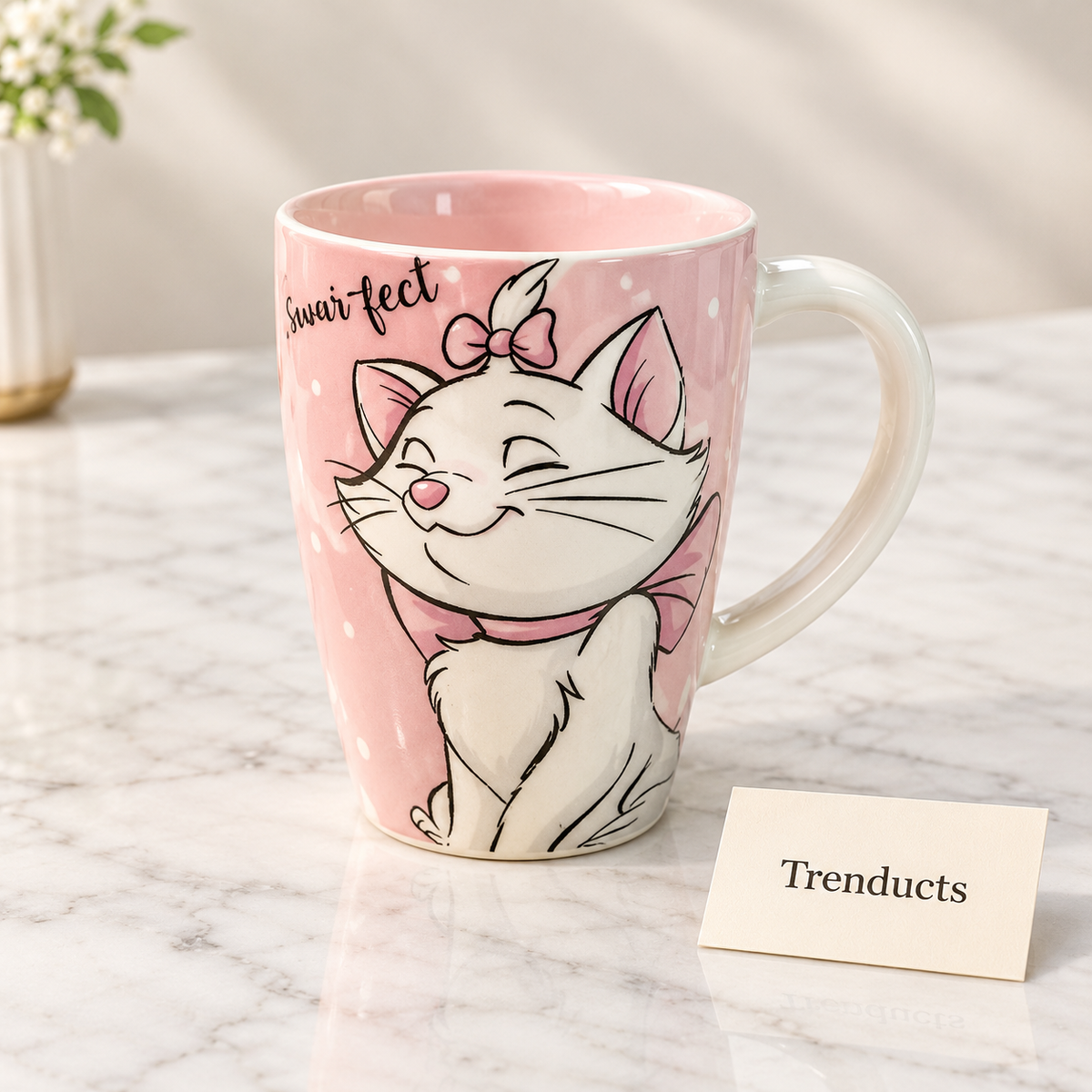 Disney Cute Cat Mug - Pink Ceramic Cartoon Kitten Print Coffee Mug