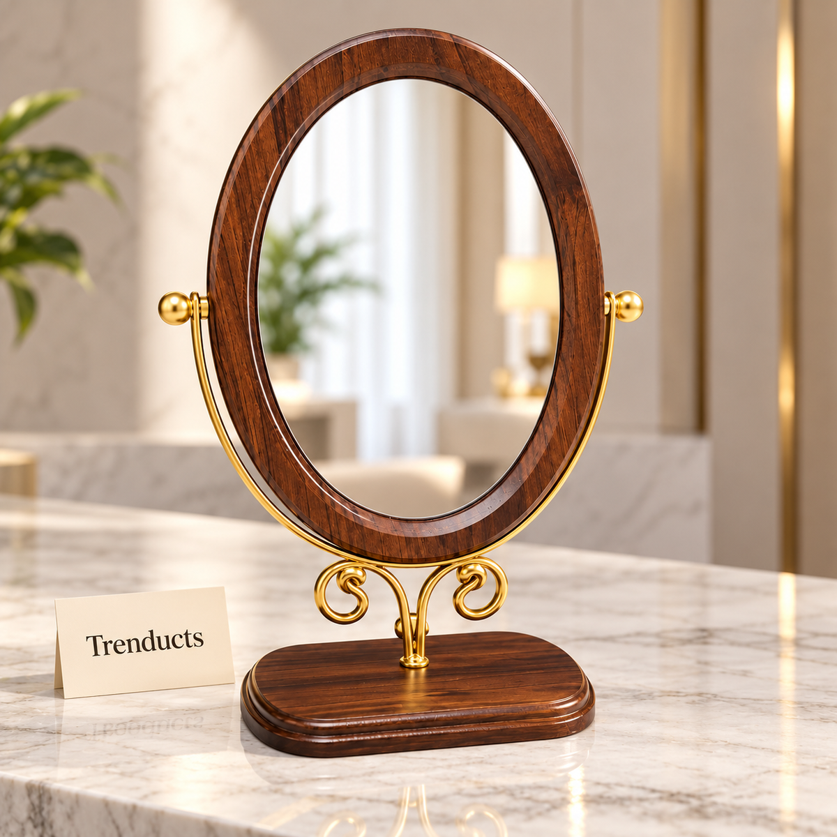 Oval Table Mirror - Wooden Frame with Gold Stand, 12 inch