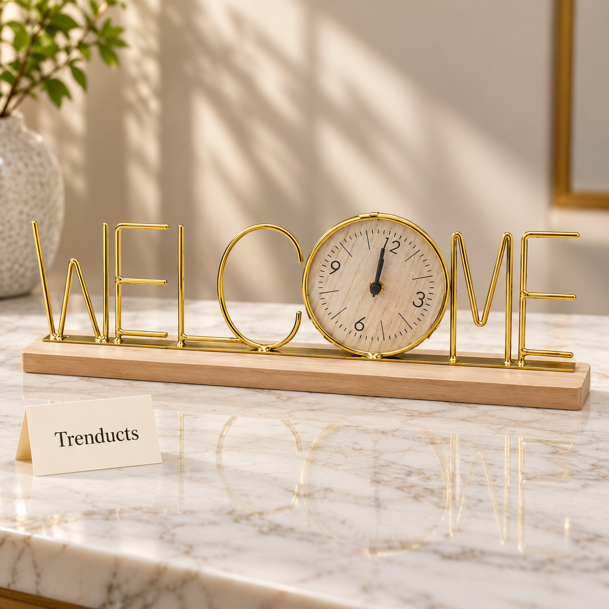 Metal Welcome Clock - Gold Table Decor with Wood Base