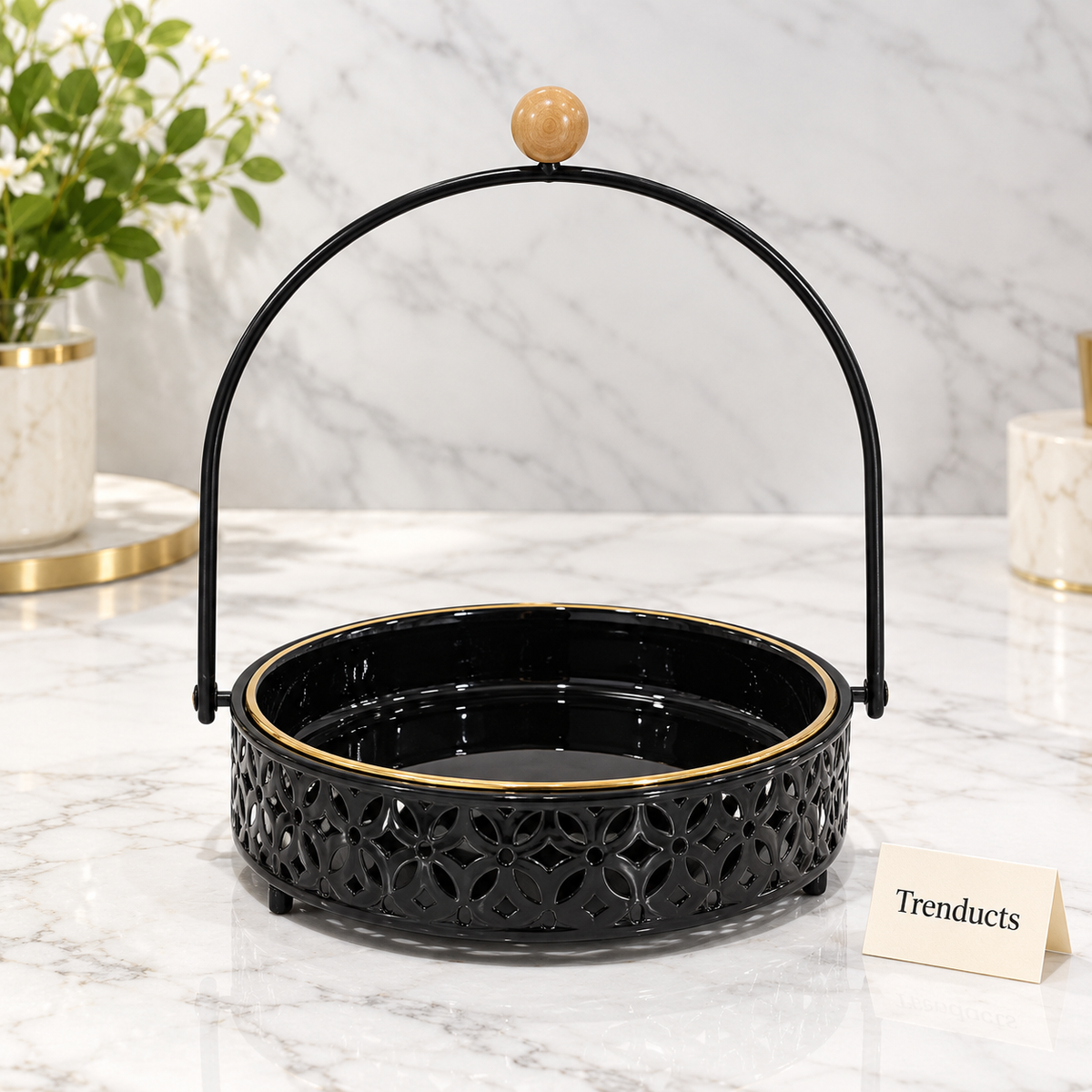 Brilliant Serving Dish with Handle Stand - Black & Gold