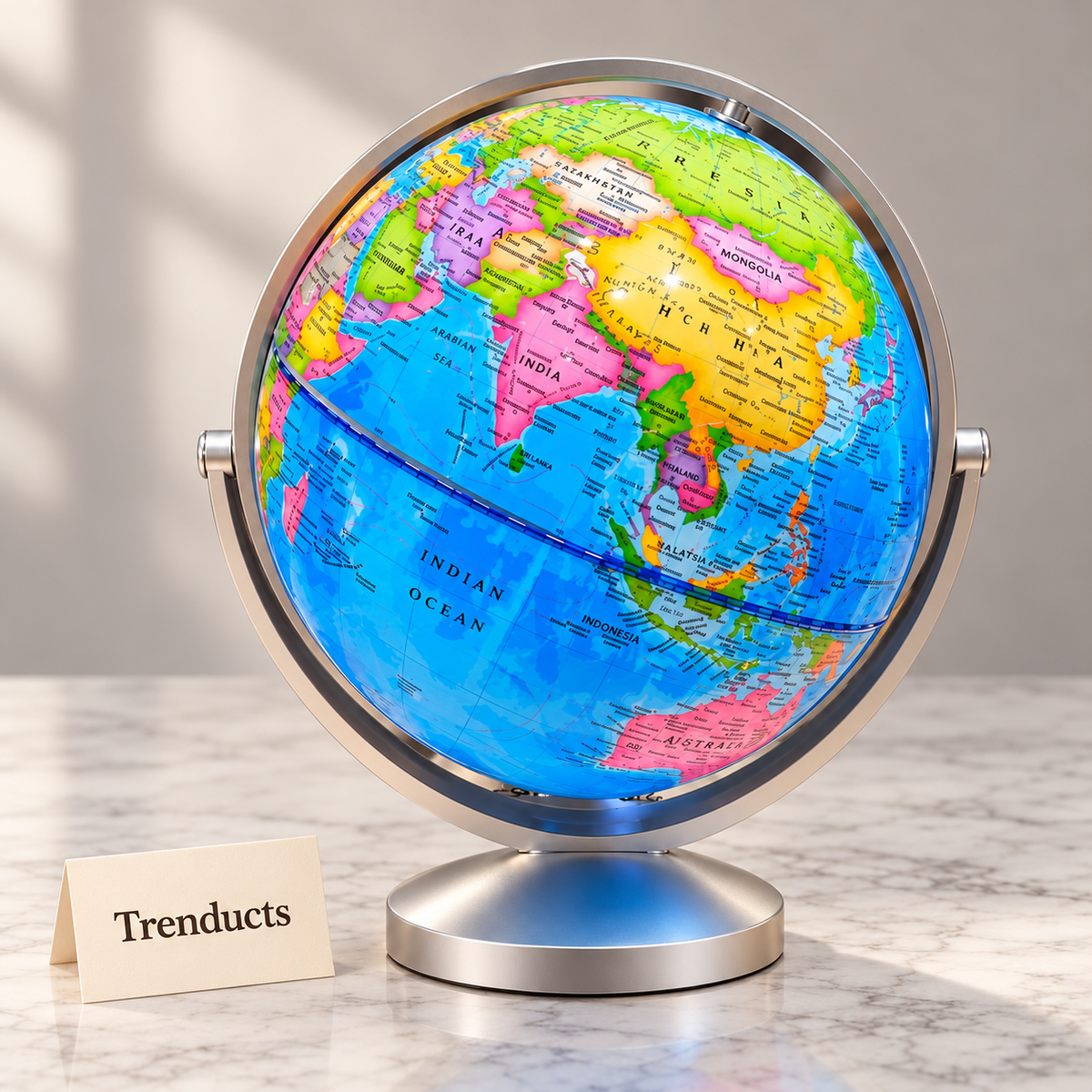 Luxury World Globe - Colourful Map, Silver Ring, 25 cm