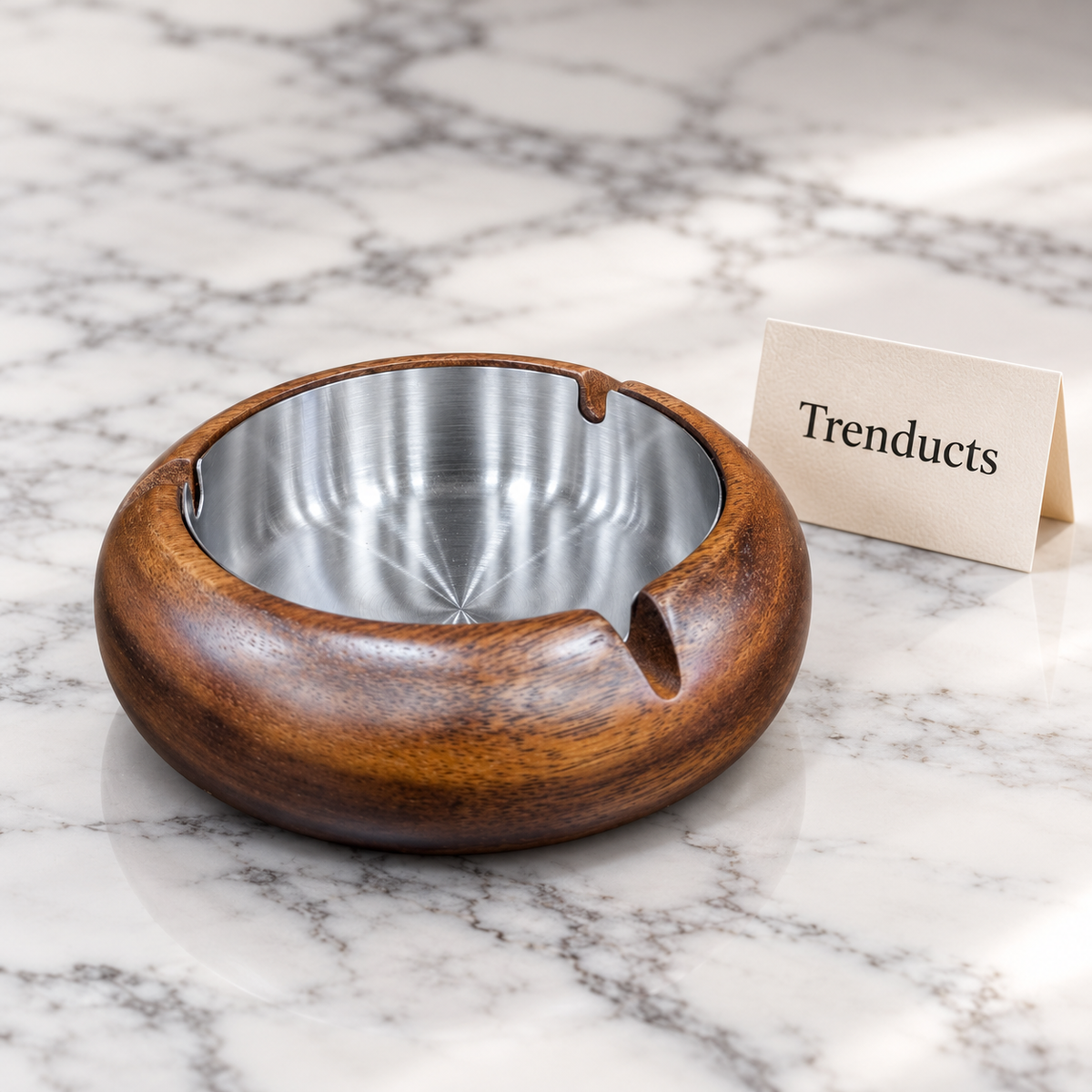Round Walnut Wood Ashtray with Metal Bowl Insert