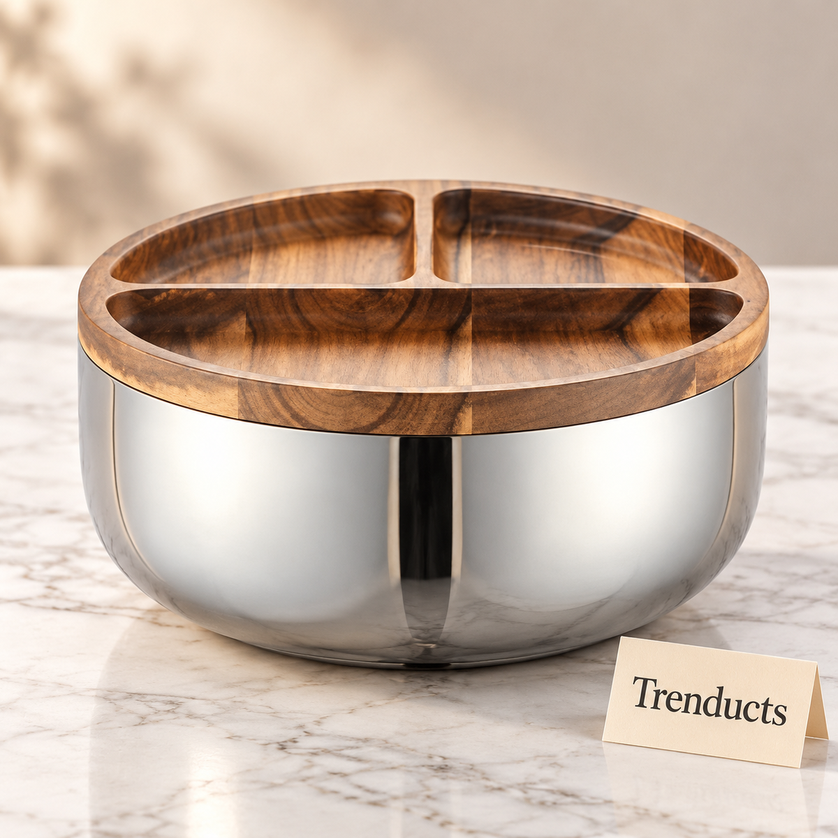 Silver Bowl with Divided Wooden Rim - Wide Steel Bowl