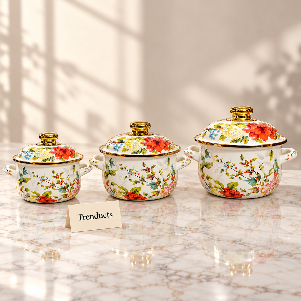 Enamel Casserole Set 3 Pcs - Bird & Floral Gold Rim