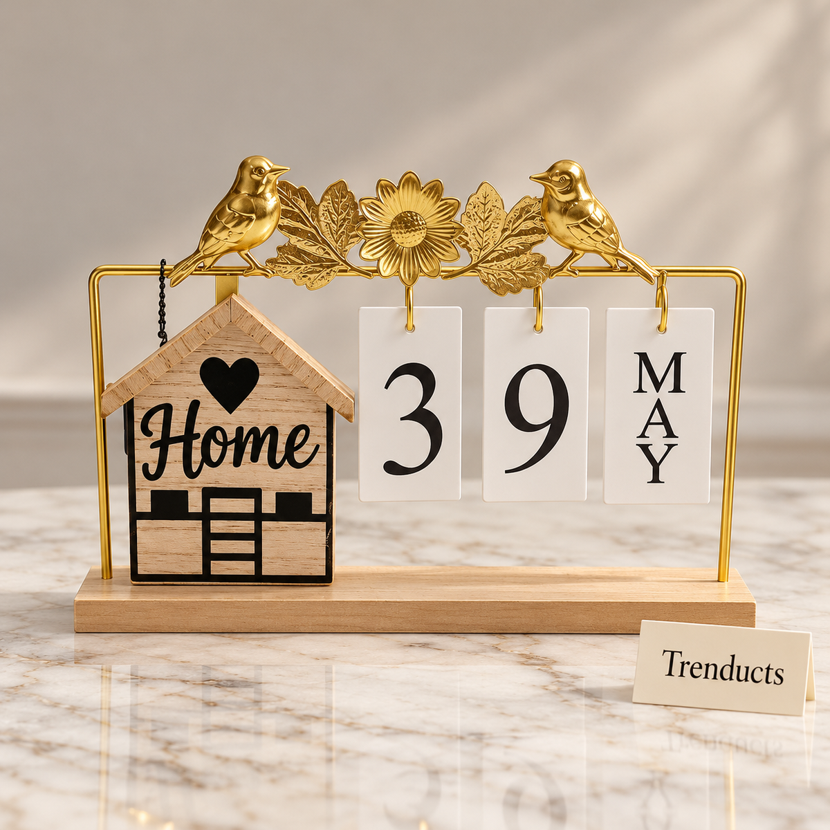 Wooden Desk Calendar - Reusable, Gold Birds and Flower