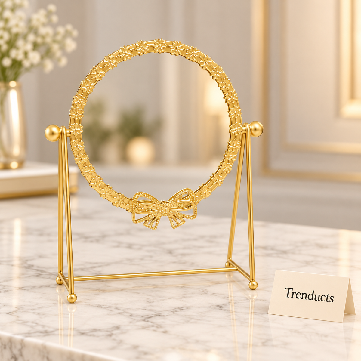 Elegant Gold Table Mirror - Round Leaf Frame on Stand