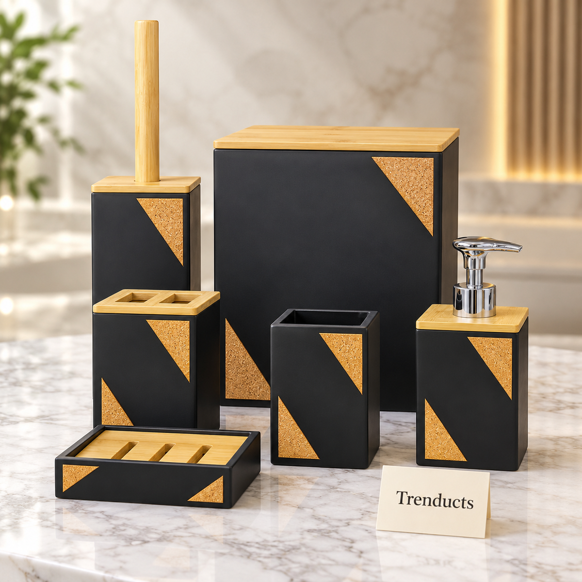 Black Acrylic Bathroom Set - Cork & Bamboo Accents