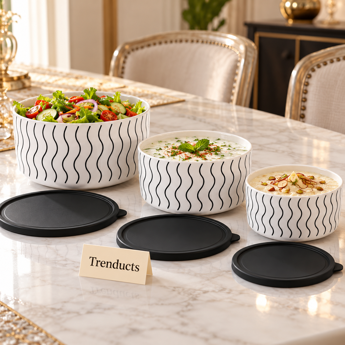 Porcelain Bowl Set with Lids - 3 Pc Black & White
