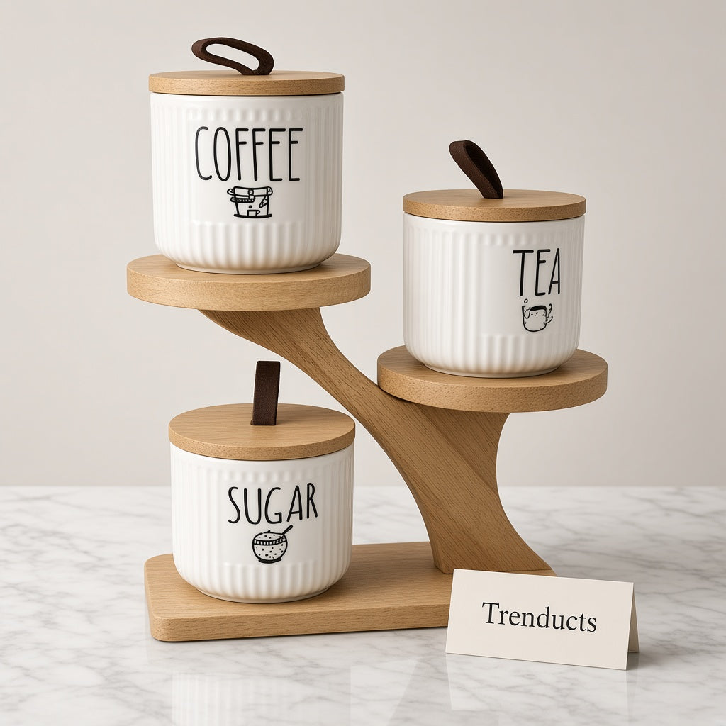 Ceramic Tea Coffee Sugar Canister Set with Wooden Stand
