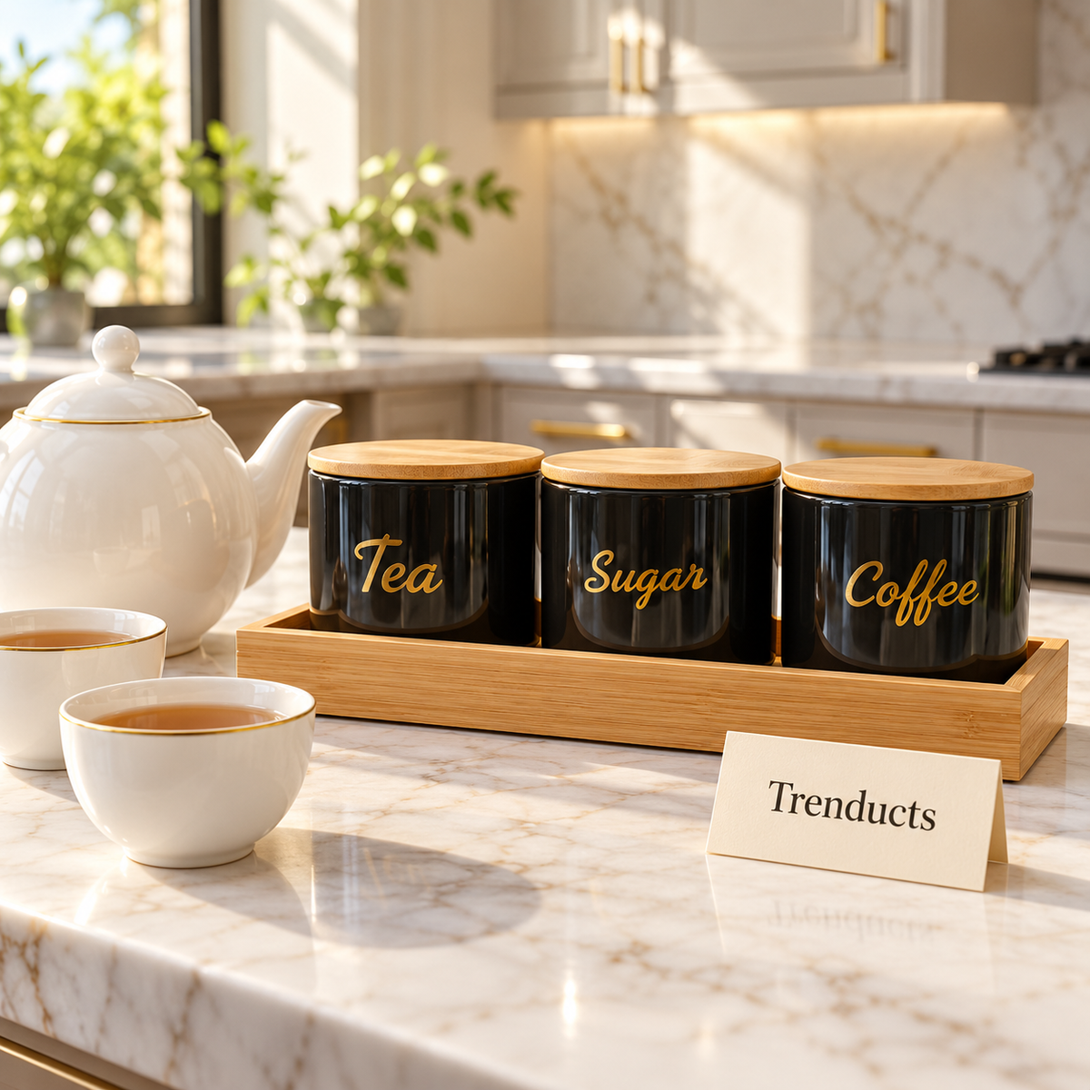 Luxury Tea Sugar Coffee Jar Set - Black Canisters & Bamboo Tray